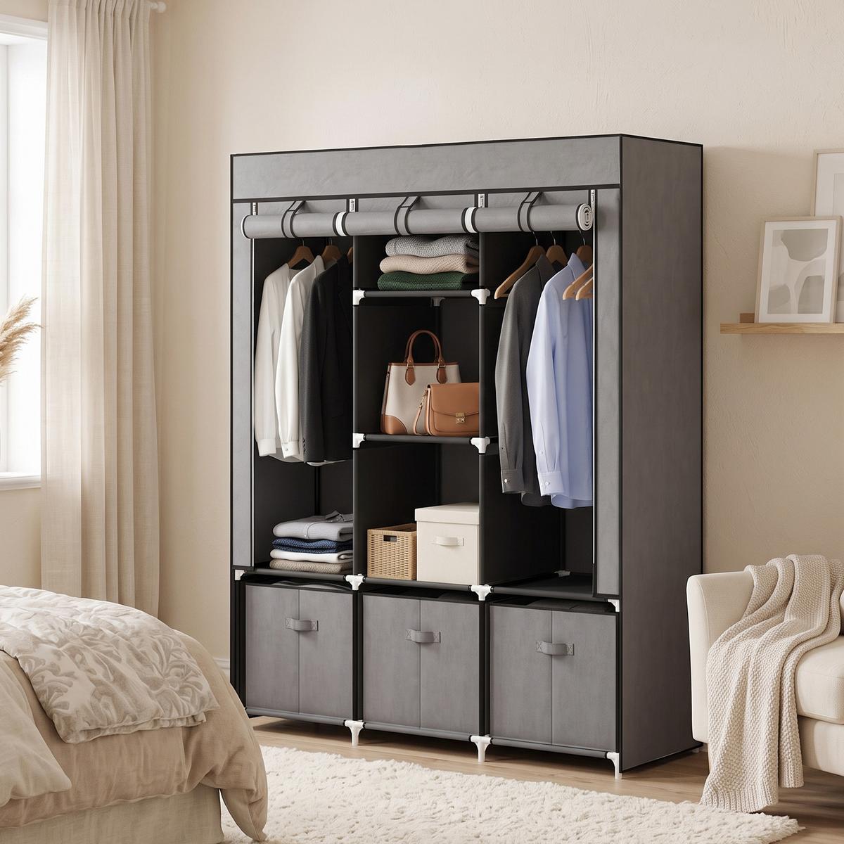 STOFFSCHRANK, Kleiderschrank, Faltschrank mit Reißverschluss, Faltbare Garderobe - Dunkelgrau, Kunststoff/Textil (43/162.5/125cm) - HOMCOM