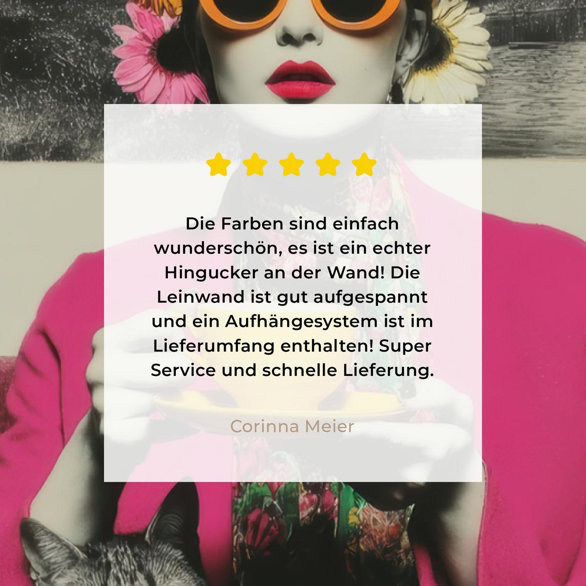 LEINWANDBILD Frau - Katze - Blumen - Tasse - Retro Gemälde 60x40 cm - Magenta, Textil (60/40cm) - MuchoWow