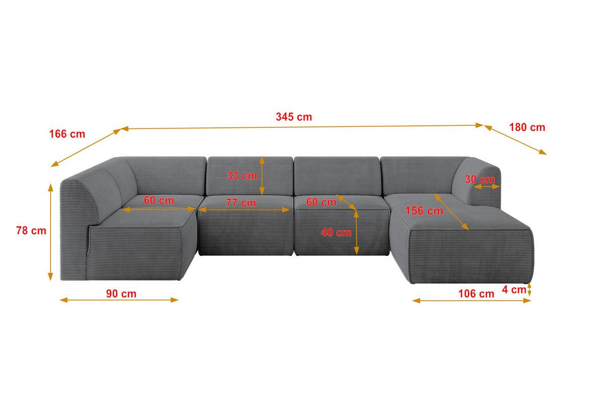 WOHNLANDSCHAFT Ottomane Rechts MOVO-L 345x180x78 cm Dunkelgrau Cord - Dunkelgrau, Holzwerkstoff/Kunststoff (180/78/345cm) - ALTDECOR
