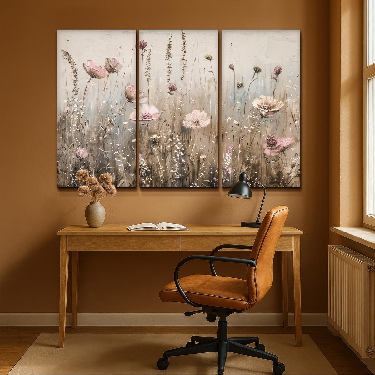 LEINWANDBILD 3er Set Blumen - Beige - Modern - Rosa 180x120 cm - Ecru, Textil (180/120cm) - MuchoWow