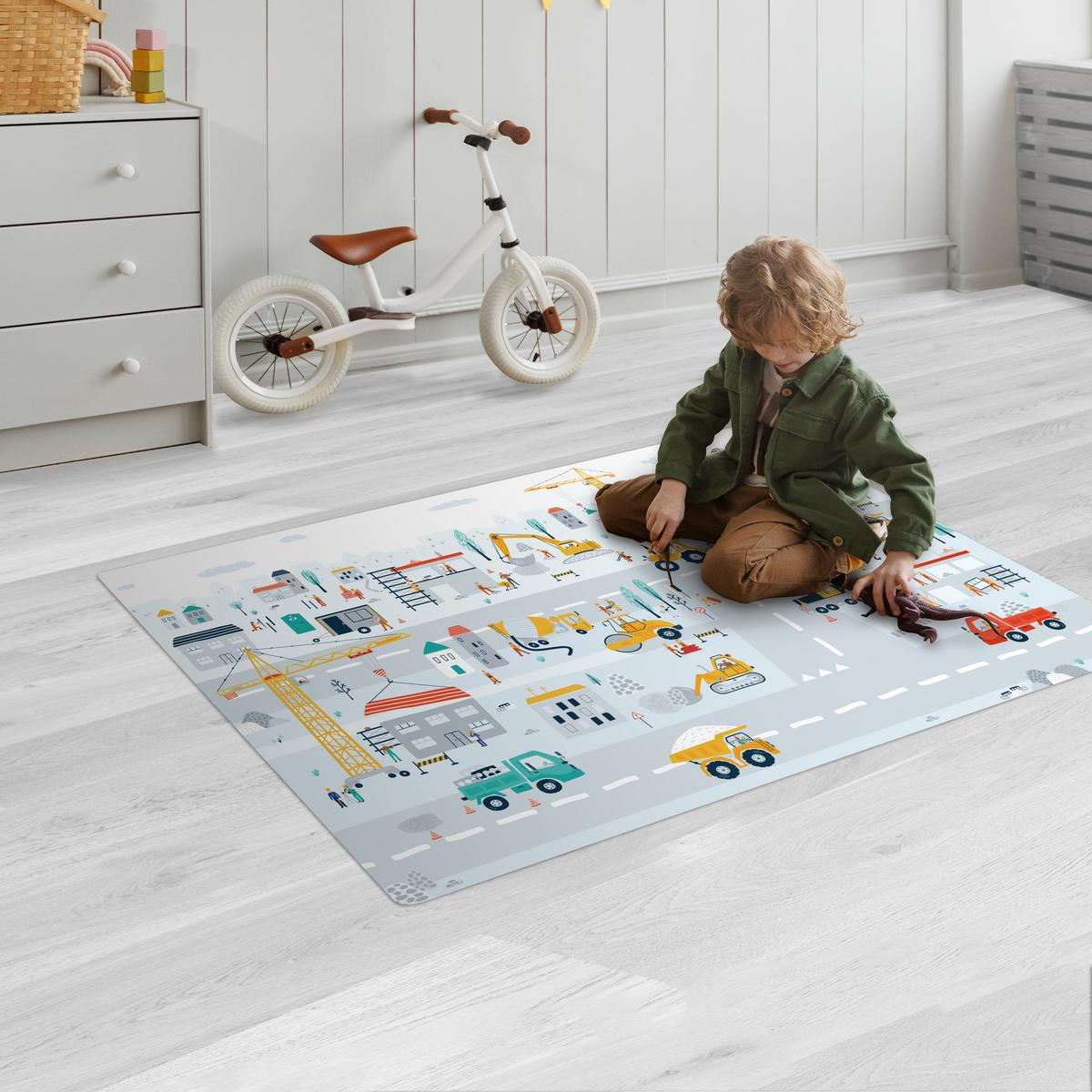 KINDERTEPPICH Baustelle - Traktor - Bagger - Auto - Design Spielmatte 105x70 cm - Hellblau, Kunststoff (105/0.3cm) - OnlyWow