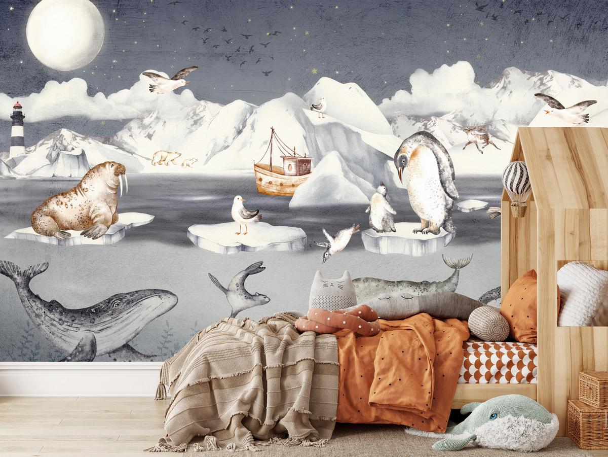FOTOTAPETE für Kinderzimmer Arktische Tiere Pinguine Robben Mond Gebirge 500x350 - Orange/Weiß, Papier (500/350cm) - Muralo