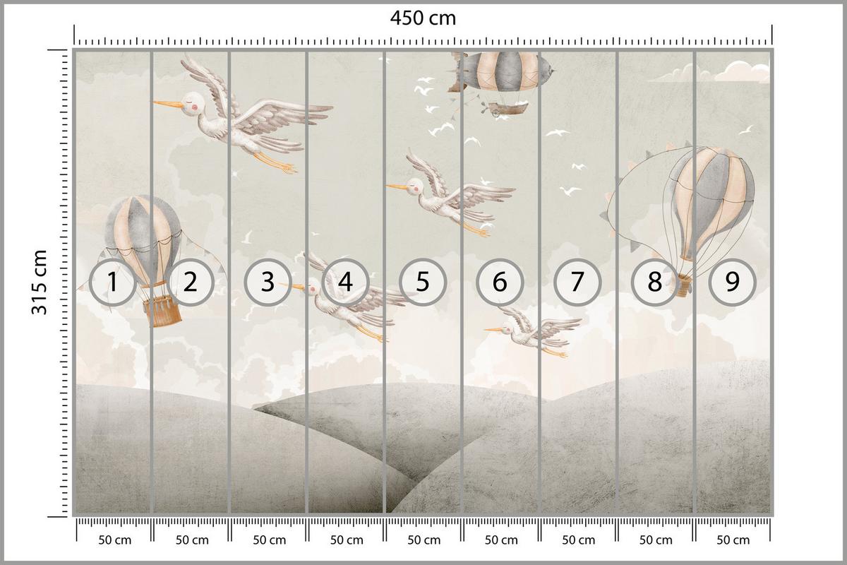 FOTOTAPETE für Kinderzimmer Boho Störche Aquarell Balon Luftschiff Himmel 450x315 - Beige/Weiß, Papier (450/315cm) - Muralo