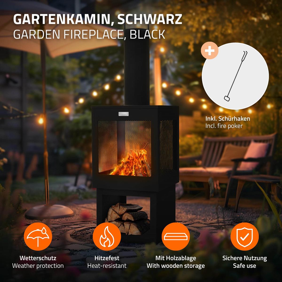 GARTENKAMIN 128x40 cm Schwarz - Schwarz, Metall (40/128/40cm) - ML-DESIGN