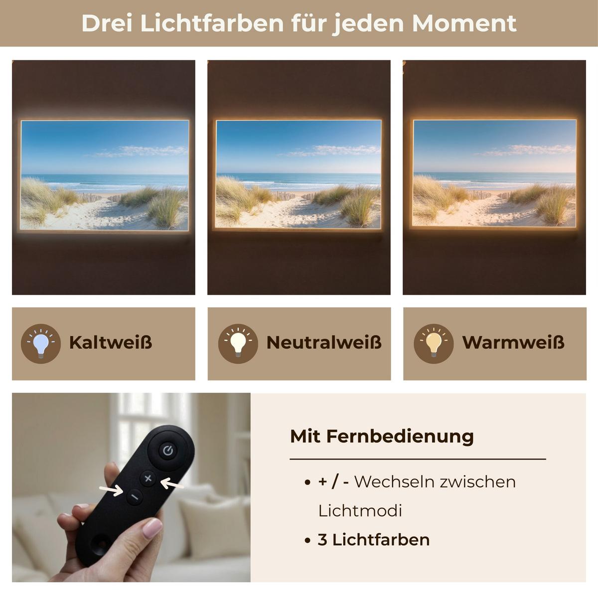 WANDLEUCHTE MIT AKKU Strand - Meer - Düne - Sand - Sommer 90x60 cm - Sandfarben, Holzwerkstoff (90/60/8cm) - OnlyWow