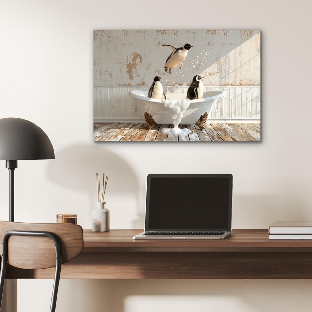 METALLBILD Vintage - Pinguin - Badewanne - Schaumstoff Wandbild 60x40 cm - Schwarz, Metall (60/40cm) - MuchoWow