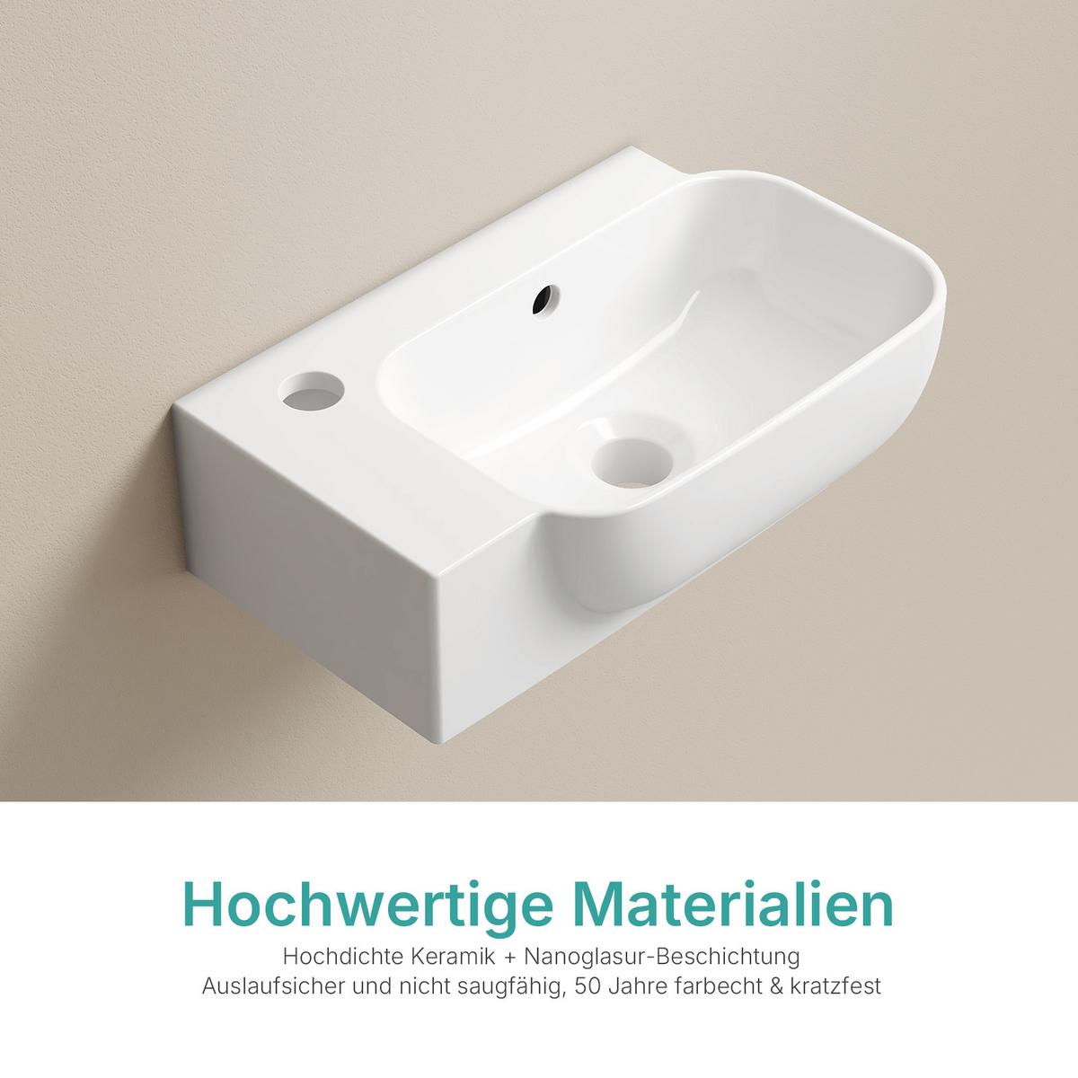 HANDWASCHBECKEN Links-Wasserhahnloch 40 / 25 / 14 cm - Weiß, Keramik (40/14/25cm) - EMKE