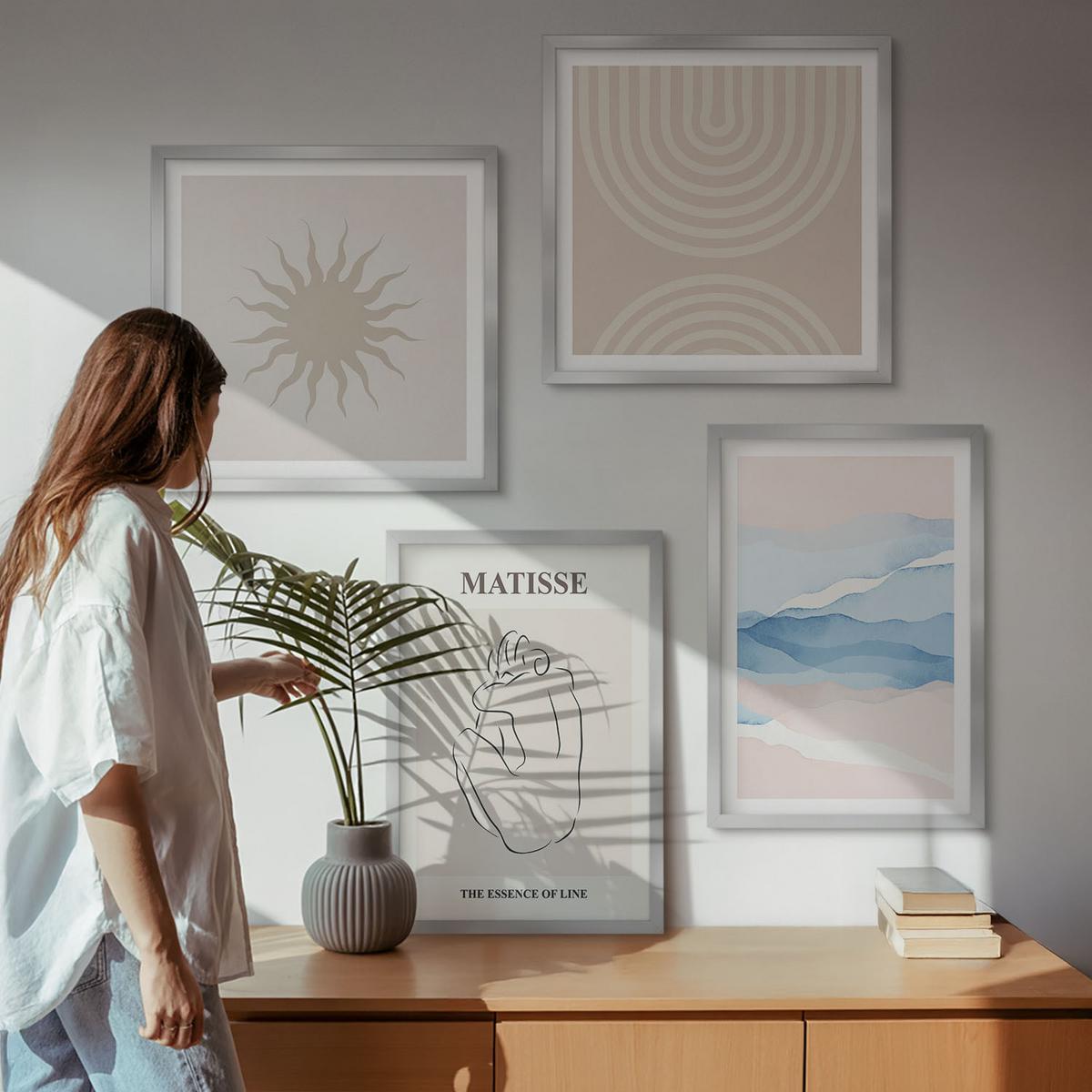 BILDER SET 4er Set - 50x50 cm & 40x60 cm Silberner Rahmen - Linien, Wellen, Pastellfarben, minimalistisch - Silberfarben, Kunststoff (50/50cm) - TULUP