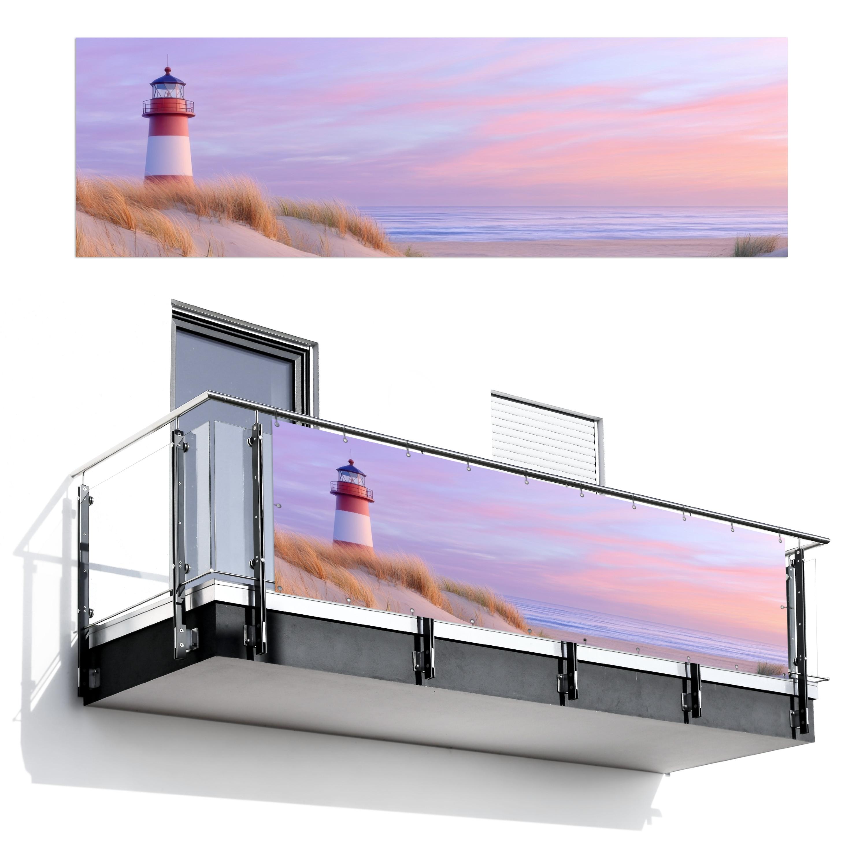 BALKON-SICHTSCHUTZ Leuchtturm - Dünen - Sonnenuntergang Windschutz 300x90 cm - Hellrosa, Kunststoff (300/90cm) - MuchoWow