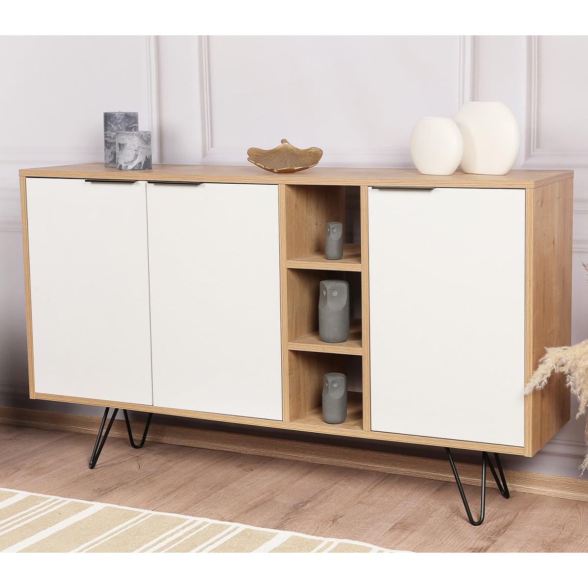 SIDEBOARD 3 Nischen und 3 Türen L142 cm - Clara - Eichefarben/Weiß, Holzwerkstoff (35.6/83/15cm) - Calicosy