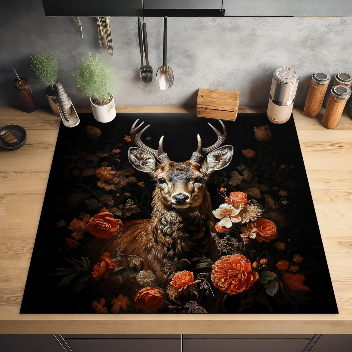 HERDABDECKPLATTE Hirsch - Tier - Blumen - Natur - Botanisch Induktionsmatte 78x78 cm - Kupferfarben, Kunststoff (78/78/0.2cm) - MuchoWow