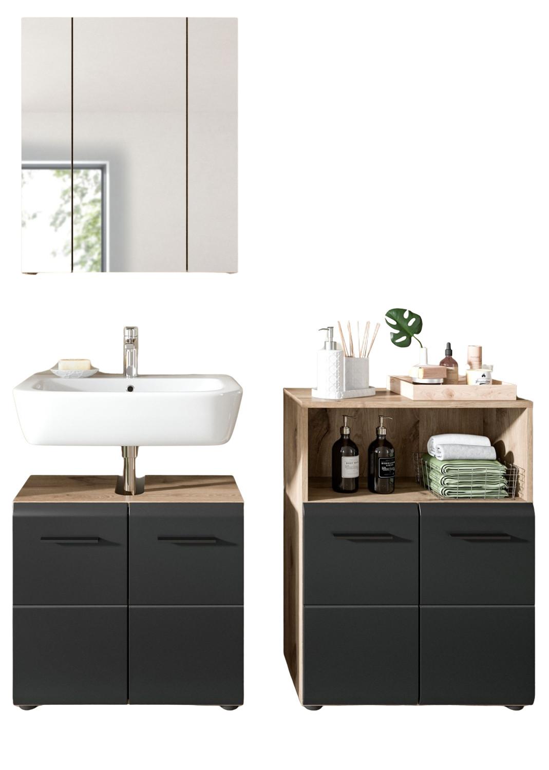 BADMÖBEL-SET 3-teilig schwarz matt, Eiche Nox, Badezimmer Set 135 x 185 cm - Eichefarben/Schwarz, Glas/Holzwerkstoff (135/185/30cm) - Inn.Furn