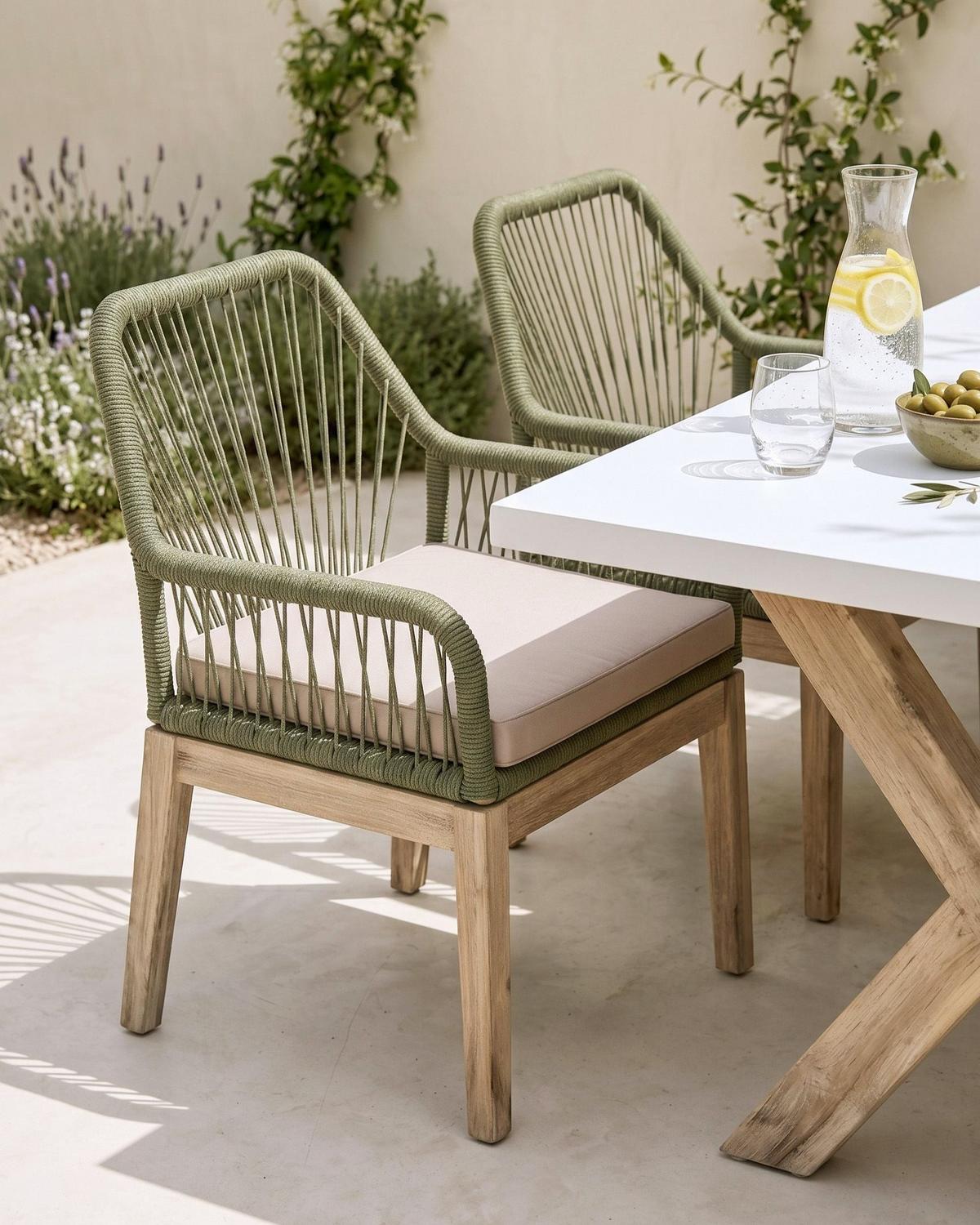 GARTENSTUHL 2er-Set und Sitzkissen Olivgrün Olbia - Beige/Braun, Holz (64/89/71cm) - Beliani