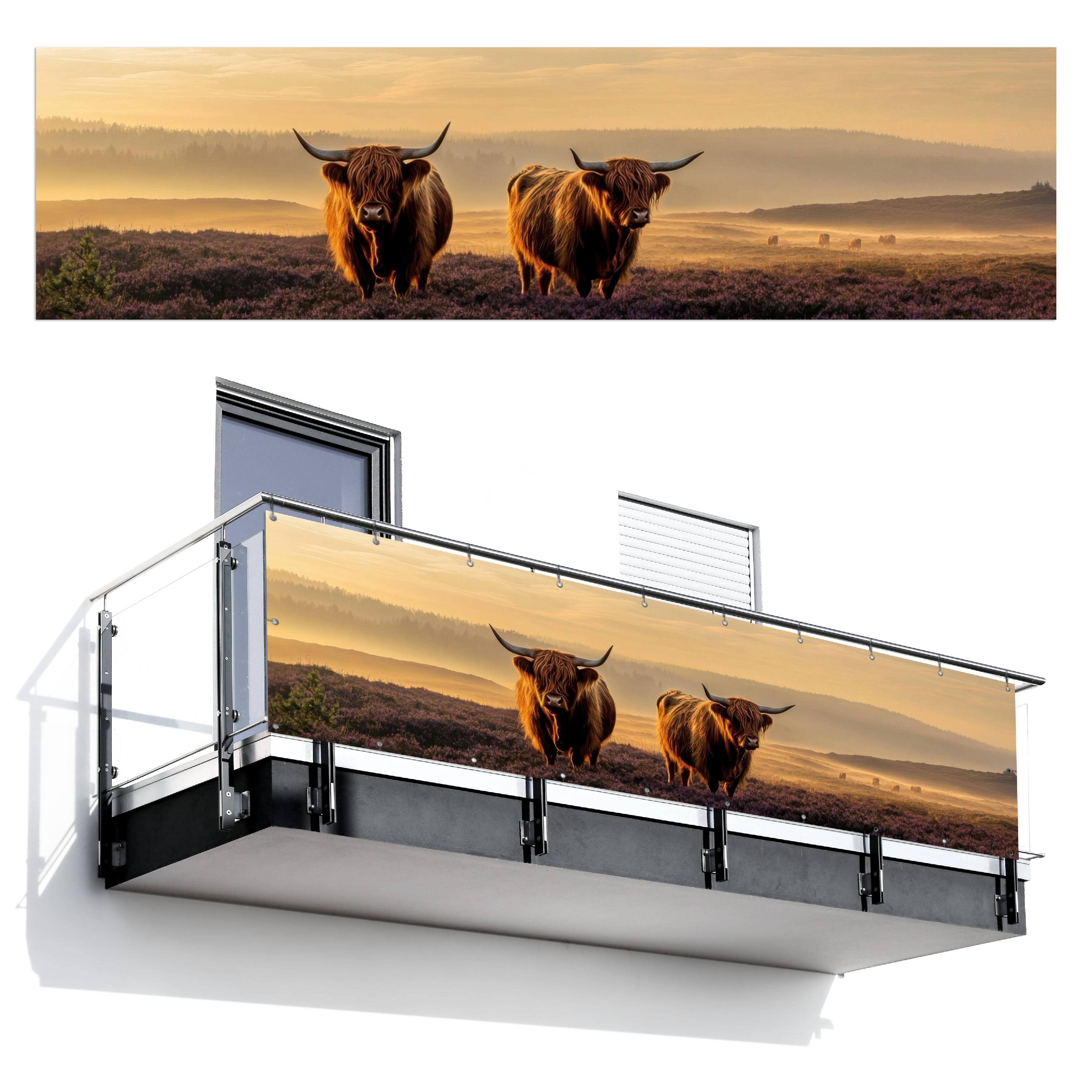 BALKON-SICHTSCHUTZ Schottische Hochlandbewohner - Heide - Landschaft - Tiere Witterungsbeständig 300x75 cm - Cognac, Kunststoff (300/75cm) - MuchoWow