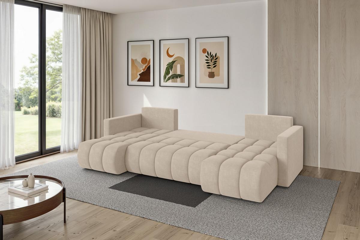 WOHNLANDSCHAFT mit Schlaffunktion und Bettkasten GARD-U 300x146x85 Beige Velours - Schwarz/Sahara, Holzwerkstoff/Kunststoff (300/85/146cm) - ALTDECOR
