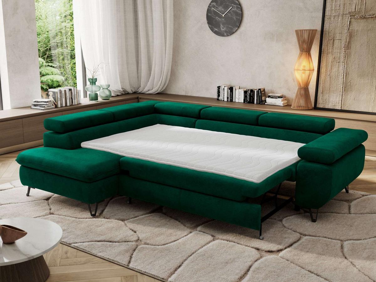 ECKSOFA PABLO L Dunkelgrün Velvet - Links Seite mit Visco Topper - Dunkelgrün/Schwarz, Textil/Metall (208/273cm) - MKS
