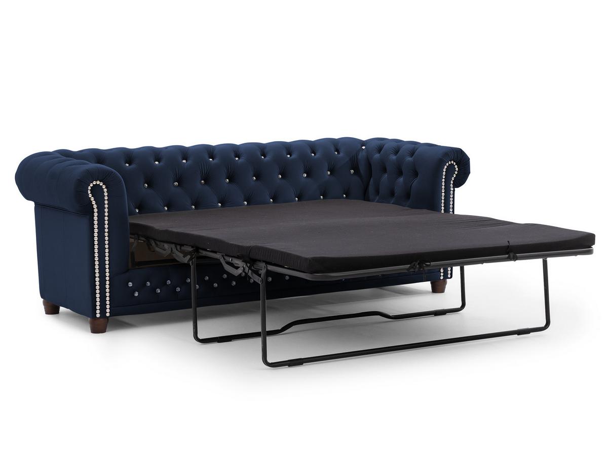 CHESTERFIELD-SOFA 3-Sitzer mit Schlaffunktion Cleo Blink Marineblau Samt mit Kristallsteppung und braunen Massivholzfüßen - Blau/Braun, Holz/Textil (203/72/86cm) - S-Style