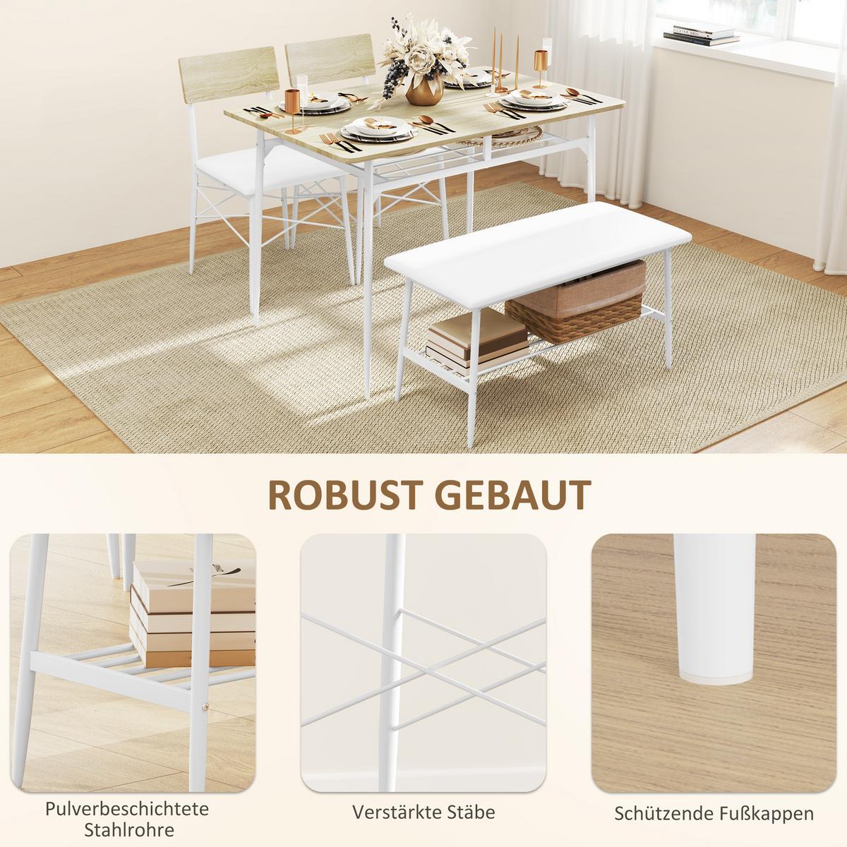 ESSGRUPPE 4er-Set, Esstisch mit Bank und 2 Stühlen, Küchentisch-Set mit Ablage - Eichefarben/Weiß, Kunststoff/Metall (70/75/110cm) - HOMCOM