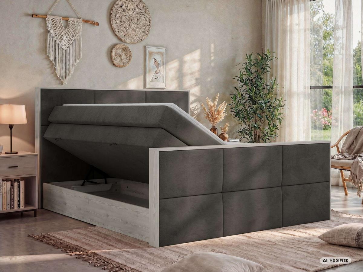 BOXSPRINGBETT DELNOR KING DUO 140/200 - Dunkelgrau Velvet - Topper Visco - H4 - Dunkelgrau/Anthrazit, Kunststoff/Textil (140/200cm) - MKS