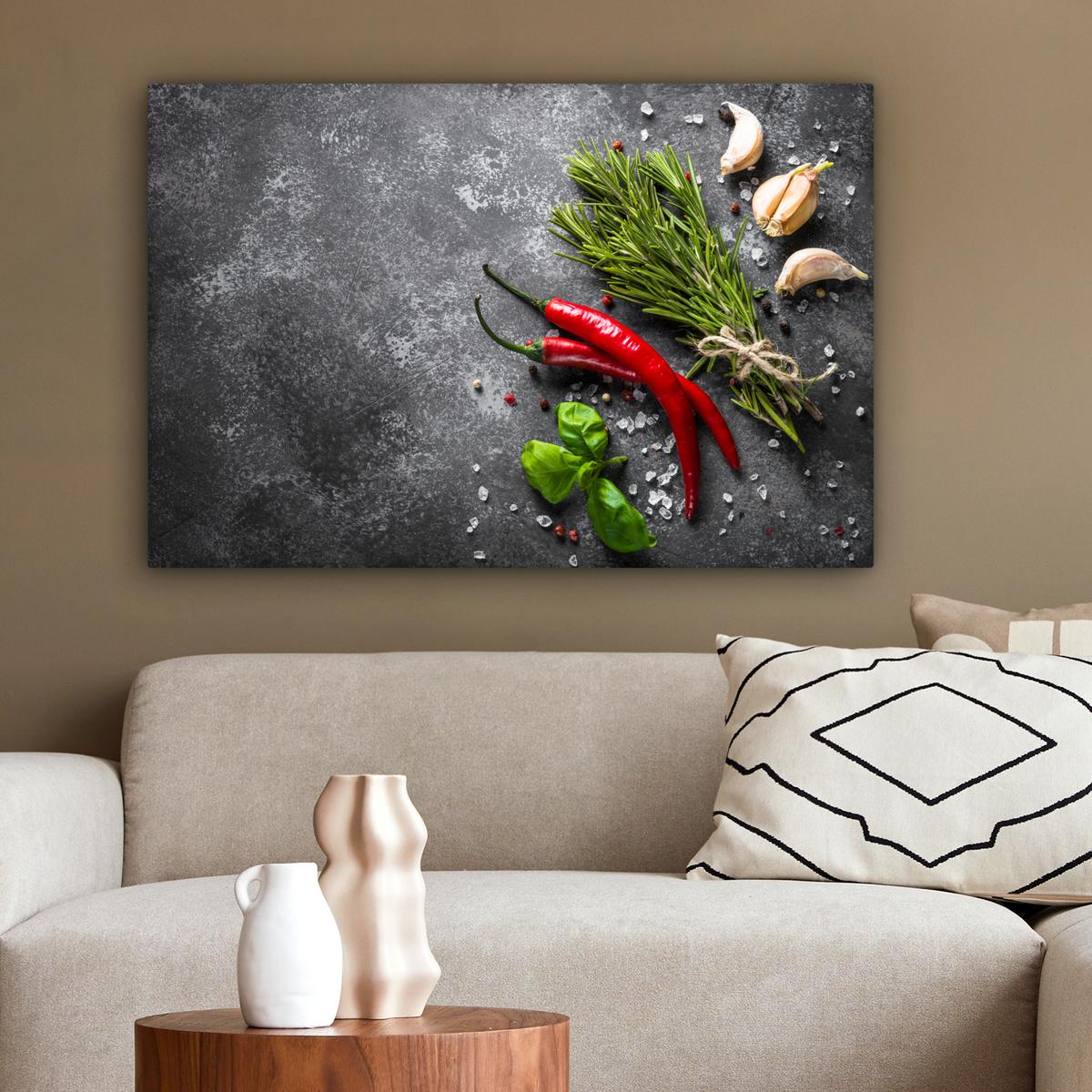 LEINWANDBILD Pfeffer - Kräuter - Gewürze - Beton XXL 150x100 cm - Dunkelgrau, Textil (150/100cm) - MuchoWow