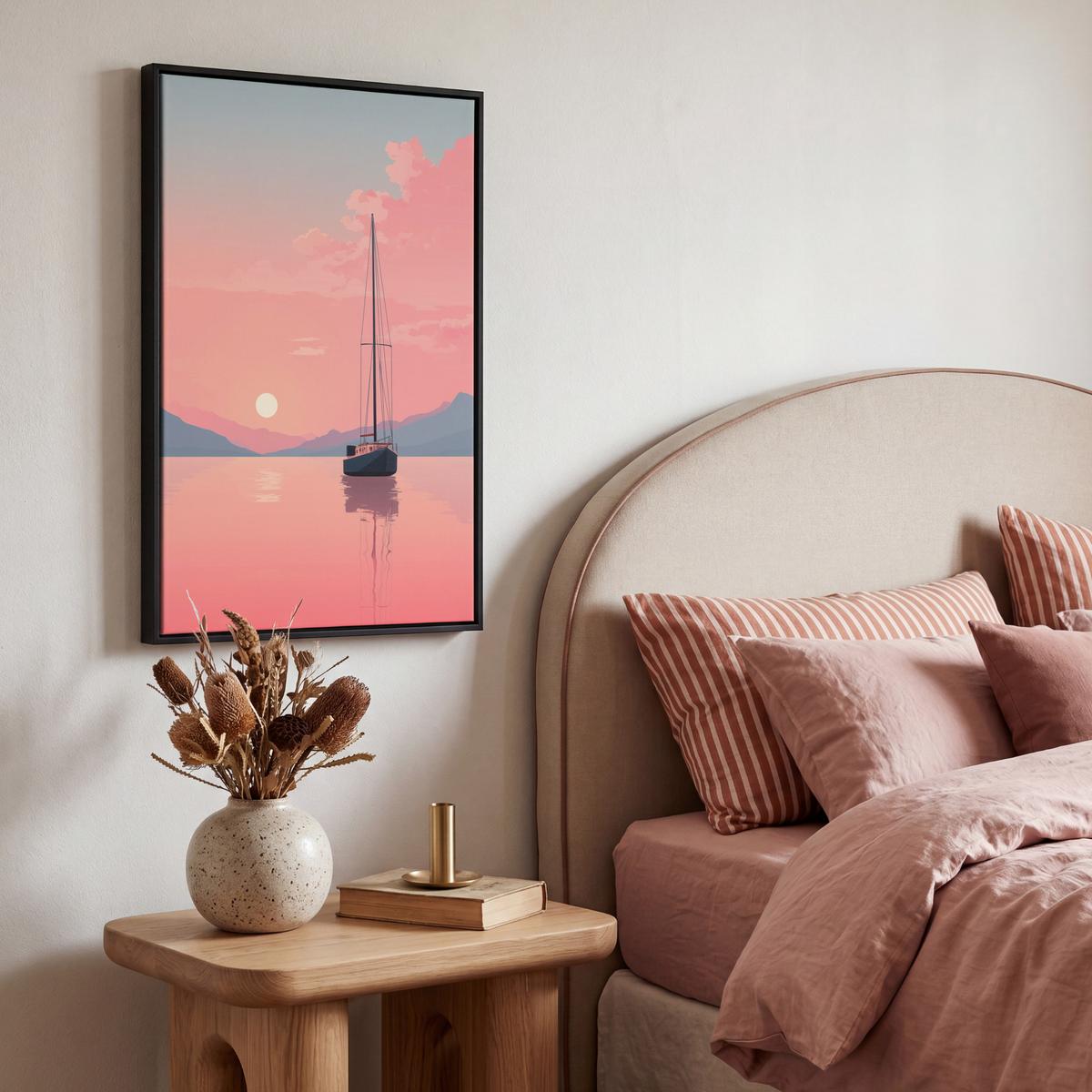 LEINWAND Bilder mit Rahmen - Segelboot - Rosa Meer - Sonnenuntergang - Berge - 40x60 - Rosa, Textil (40/60cm) - MuchoWow