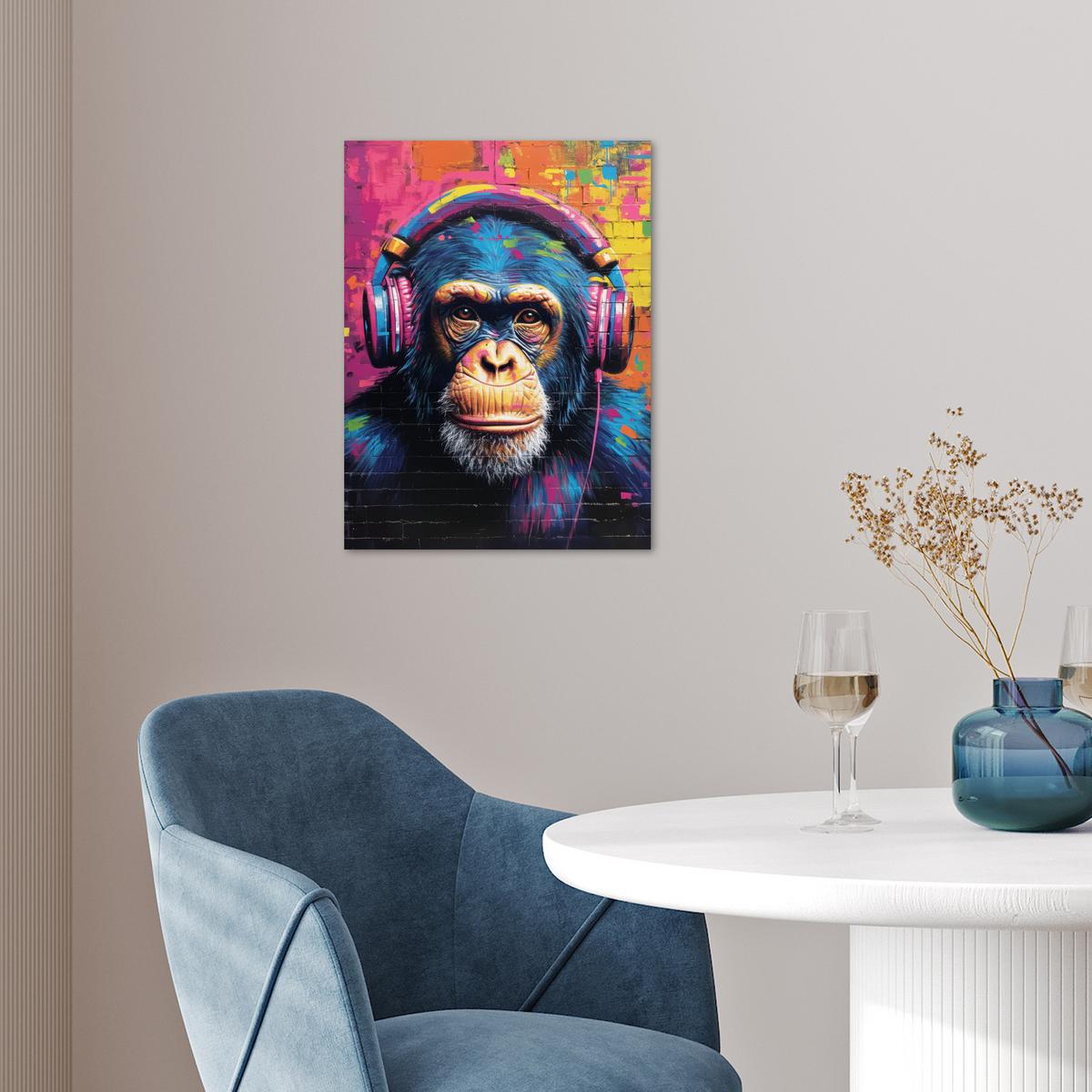 POSTER Graffiti - Schimpanse - Straßenkunst - Kopfhörer - Affe Wandbilder 30x40 cm - Blau, Papier (30/40/0.1cm) - MuchoWow
