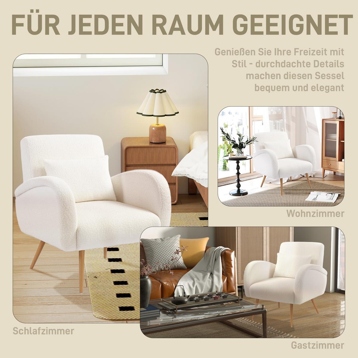 SESSEL gepolsterter Loungesessel mit Armlehnen, Lendenkissen, Metallbeine Creme - Creme, Textil (77/83/77cm) - HOMCOM