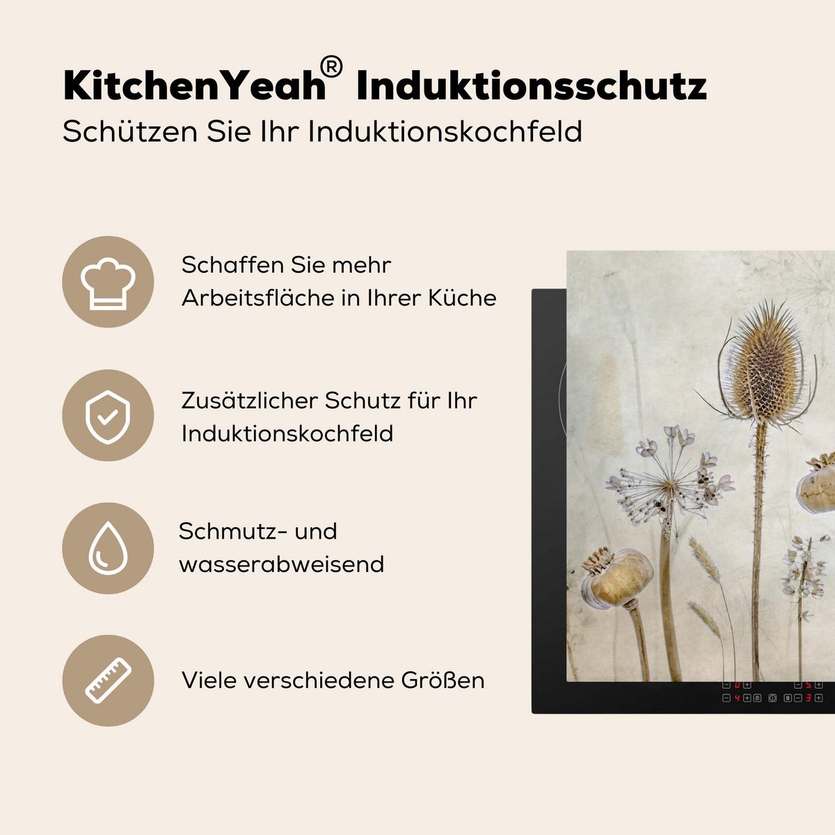 HERDABDECKPLATTE Blumen - Aquarell - Stilleben - Braun - Vintage Induktionsschutz 81.6x52.7 cm - Sandfarben, Kunststoff (81.6/52.7/0.2cm) - MuchoWow