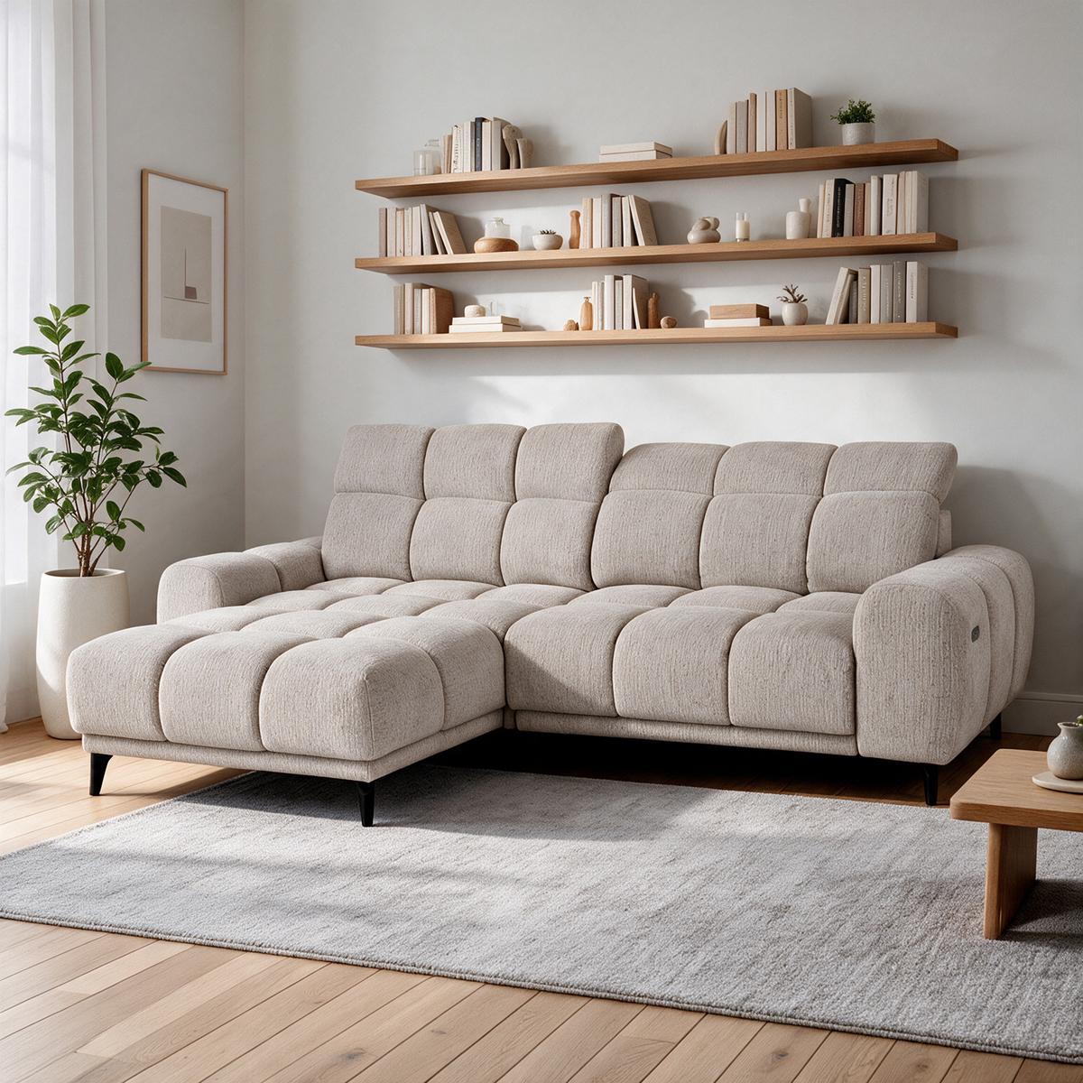 ECKSOFA Marco Mini mit elektrisch ausfahrbarem Sitz und verstellbaren Kopfstützen, Links, Chenille-Stoff, Beige - Beige/Schwarz, Textil (275/182cm) - Beautysofa
