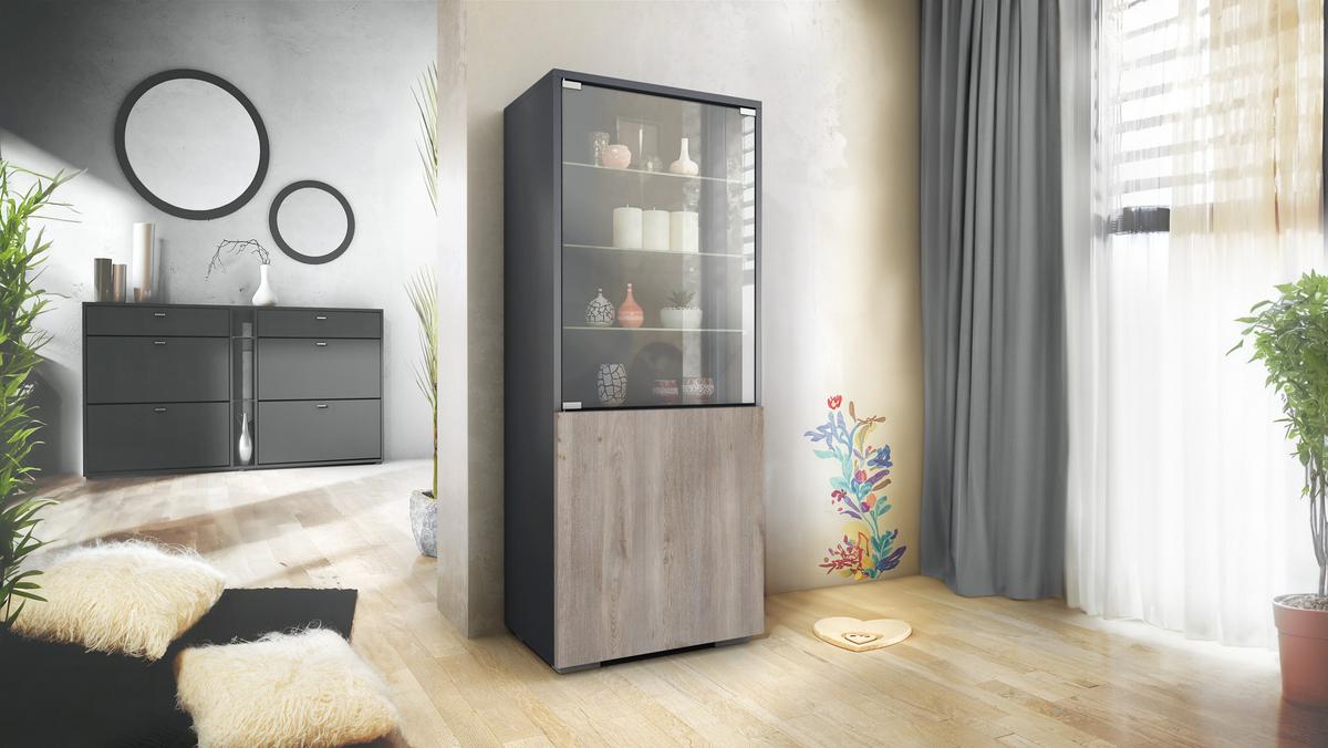 VITRINE Granada Eiche Nordic - Silbereichenfarben, Holzwerkstoff (50/122.5/34.5cm) - Vladon
