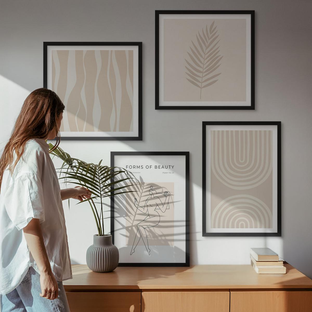 BILDER SET 4er Set - 50x50 cm & 40x60 cm Schwarzer Rahmen - Abstrakte Boho-Dekorationen - Schwarz, Kunststoff (50/50cm) - TULUP