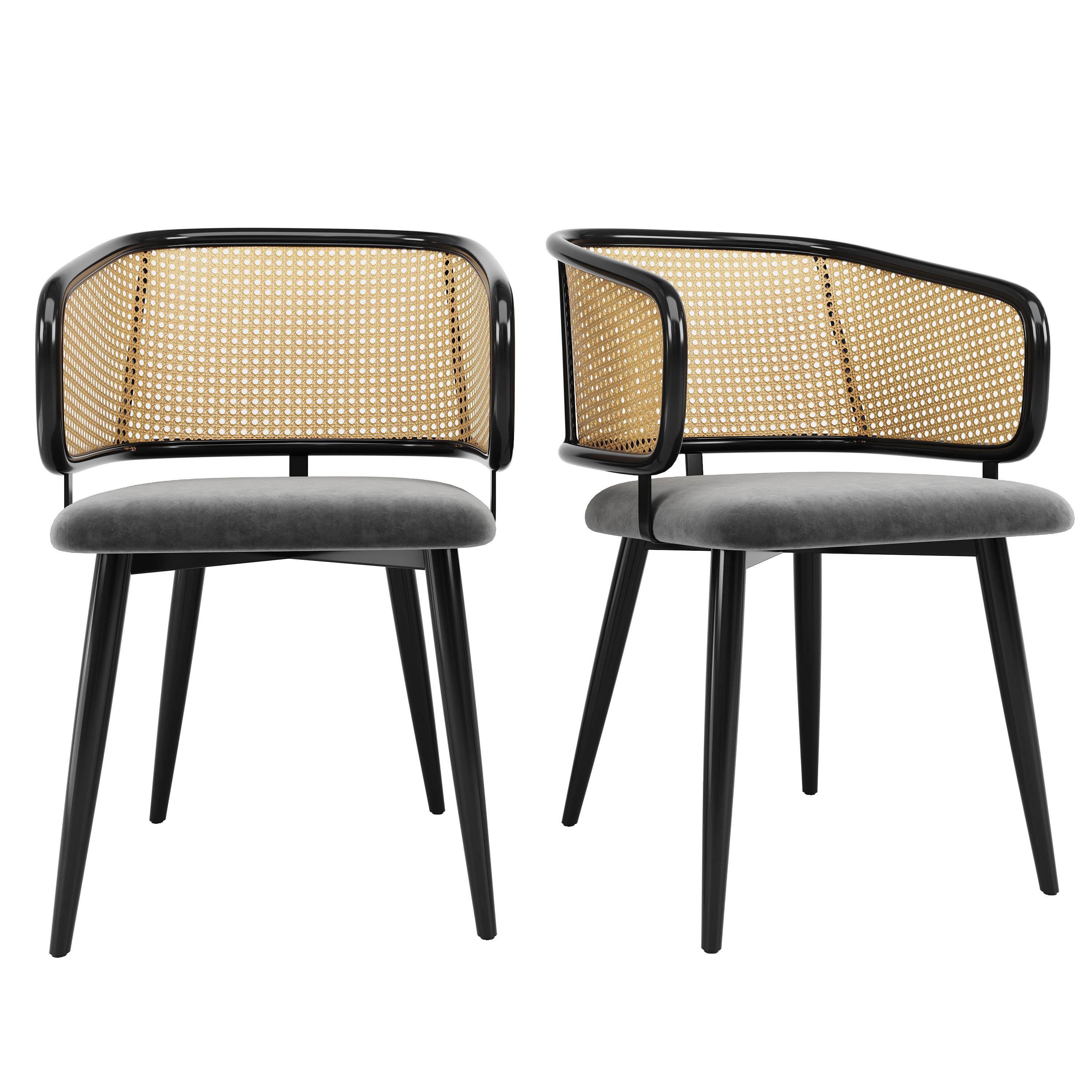 ESSZIMMERSTÜHLE 2er Set Rattan Rückenlehne & Samtsitz - Schwarz/Grau, Leder/Textil (47/79/47cm) - Urban Meuble