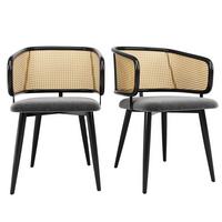 ESSZIMMERSTÜHLE 2er Set Rattan Rückenlehne & Samtsitz - Schwarz/Grau, Leder/Textil (47/79/47cm) - Urban Meuble