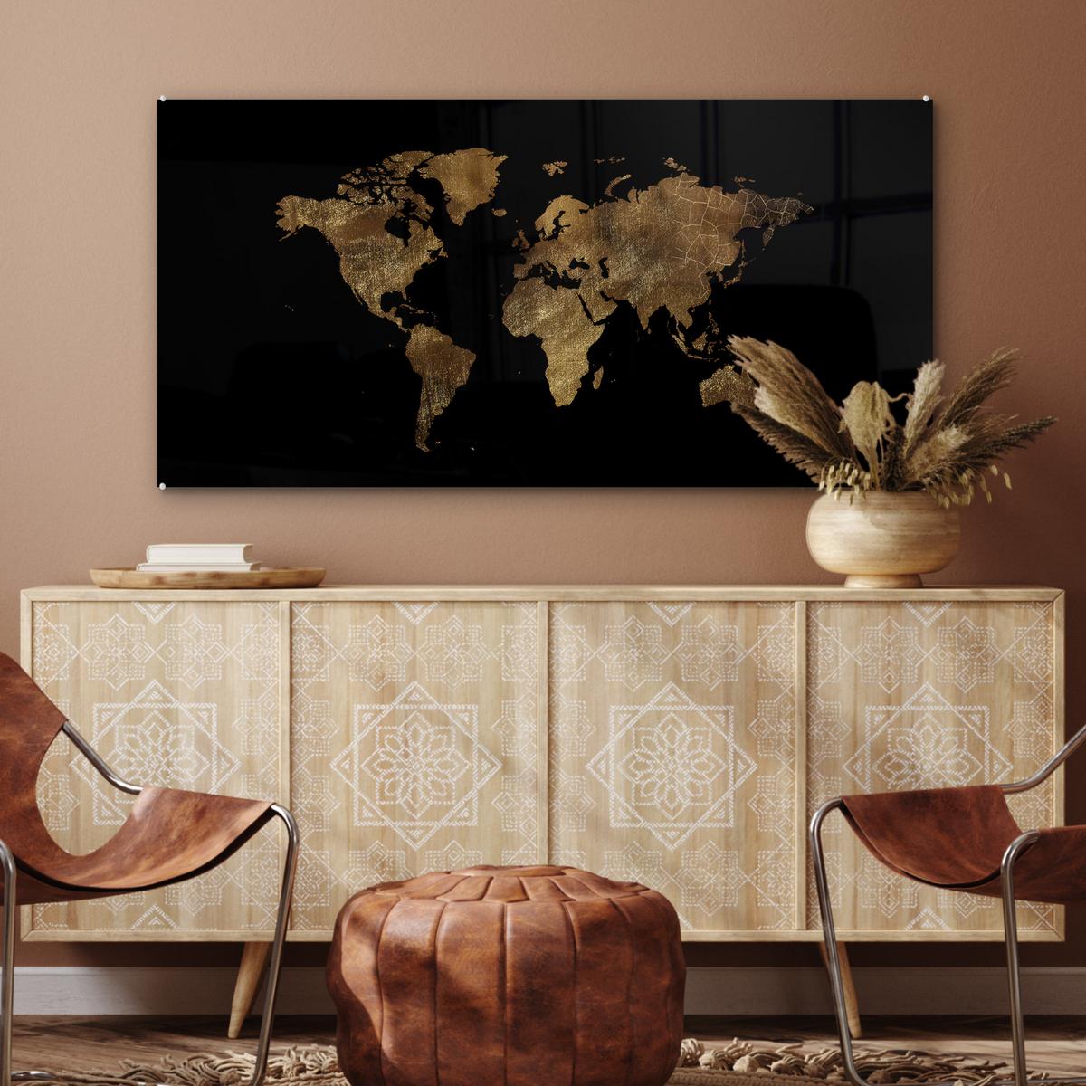 ACRYLGLASBILD Weltkarte - Gold - Luxus - Erde - Schwarz 120x60 cm - Goldfarben, Glas (120/60cm) - MuchoWow