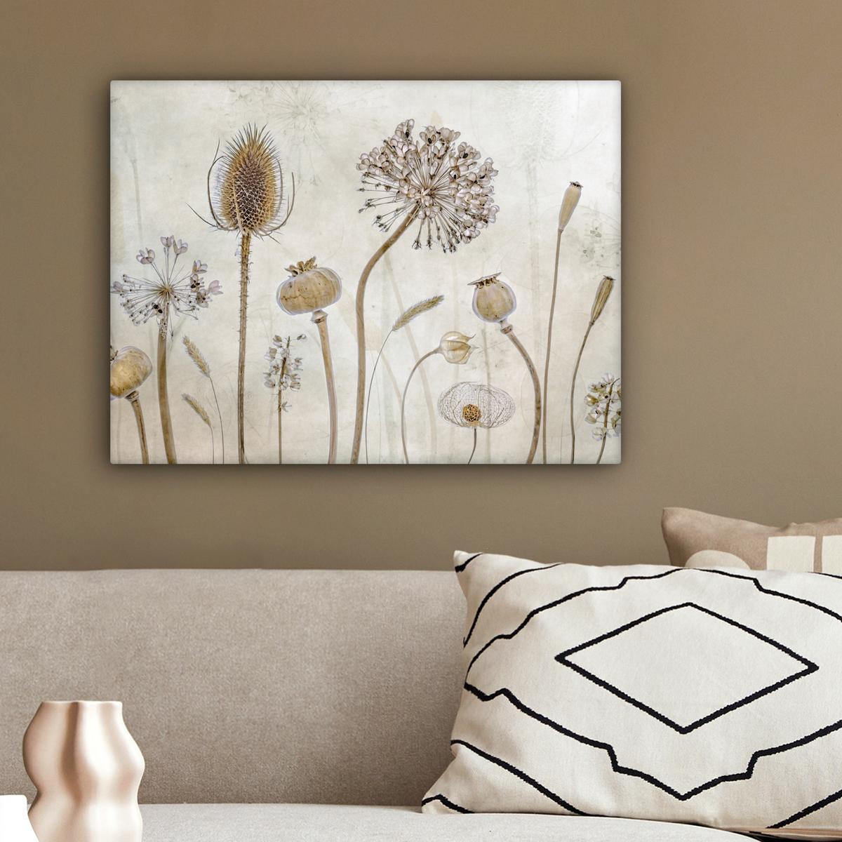 LEINWANDBILD Blumen - Aquarell - Stilleben - Braun - Vintage Wandbild 40x30 cm - Beige, Textil (40/30cm) - MuchoWow