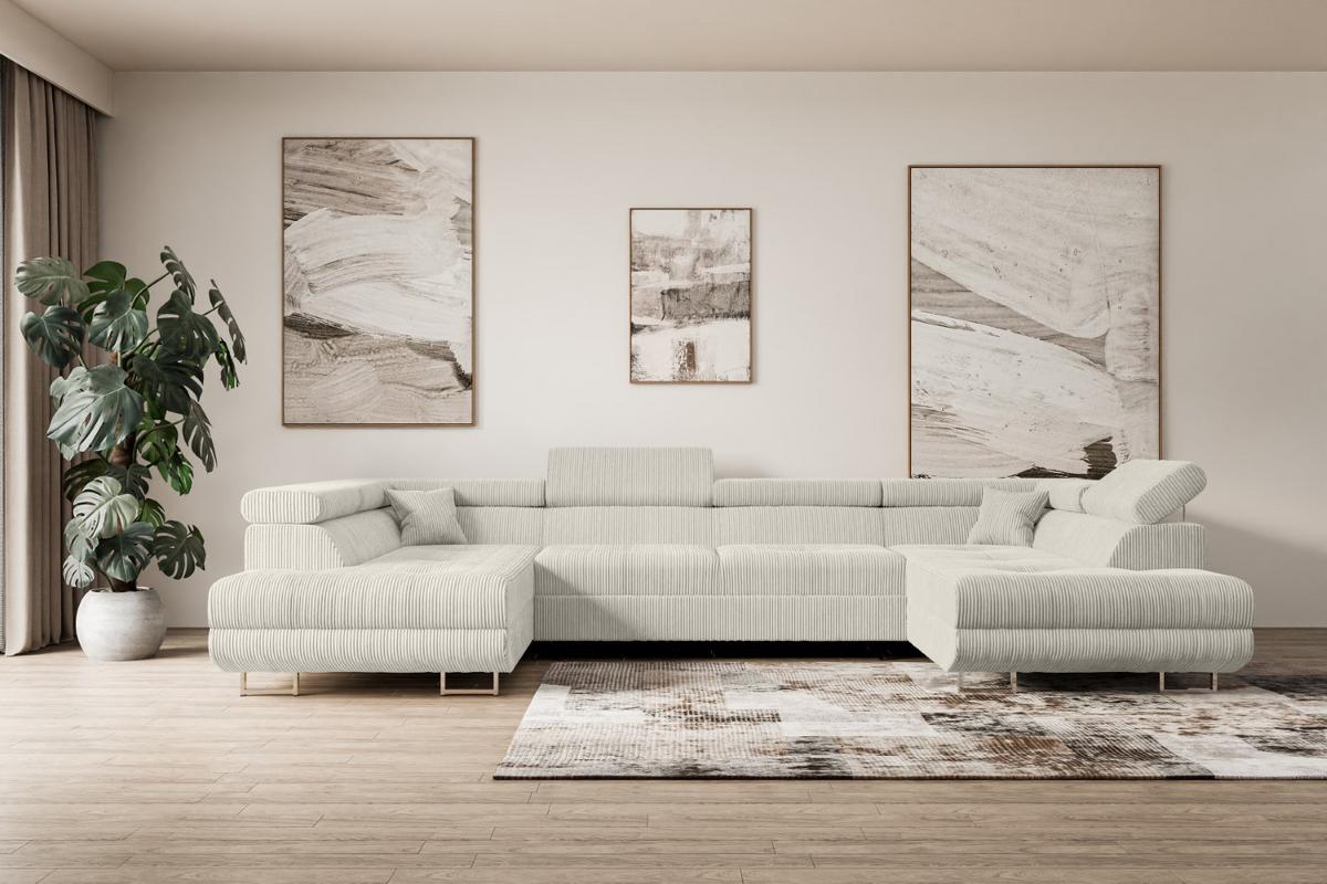 WOHNLANDSCHAFT mit Schlaffunktion und Bettkasten GUSA-U 342x202x107 cm Creme Cord - Silberfarben/Hellgrau, Holzwerkstoff/Textil (342/107/202cm) - ALTDECOR