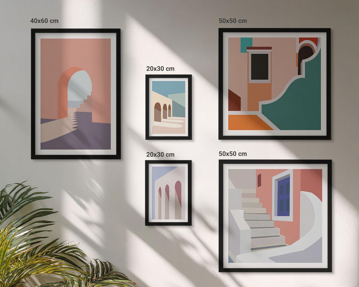 BILDER SET 5er Set - 50x50 cm & 20x30 cm & 40x60 cm Schwarzer Rahmen - Minimalistische Pastellgrafiken - Schwarz, Kunststoff (40/60cm) - TULUP