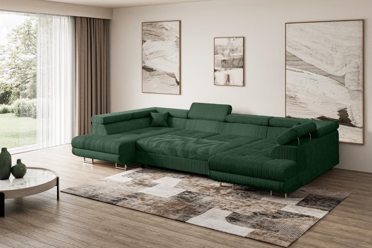 WOHNLANDSCHAFT mit Schlaffunktion und Bettkasten GUSA-U 342x202x107 cm Grün Cord - Silberfarben/Grün, Holzwerkstoff/Textil (342/107/202cm) - ALTDECOR