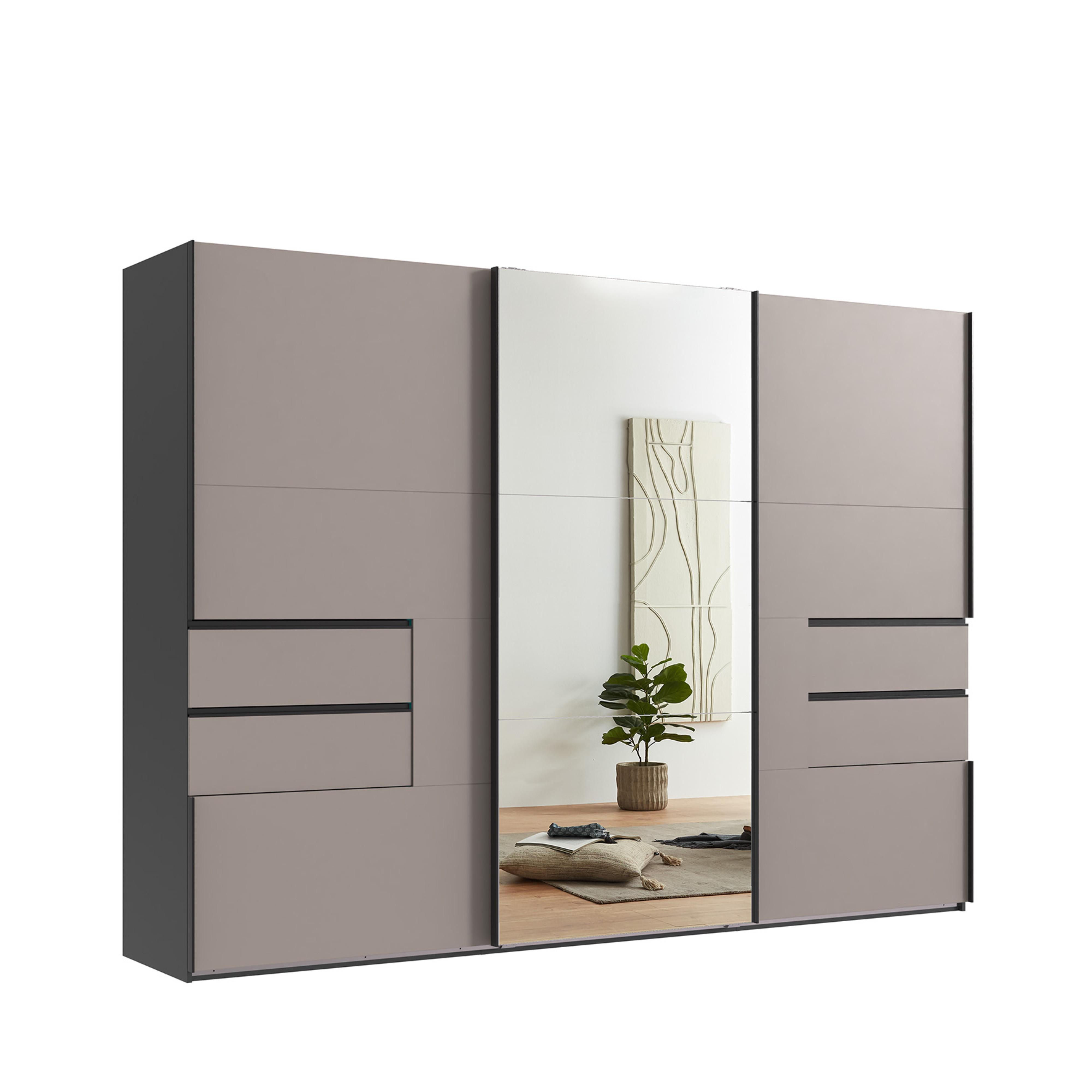 SCHWEBETÜRENSCHRANK 3-türig B300/H216/T65 cm, Korpus Grafit, Türen & Schubladen Sandgrau / Spiegel, Kleiderschrank inkl. Vollausstattung / 22057 - Sandfarben/Bordeaux, Holzwerkstoff/Metall (300/216/65cm) - luma-home