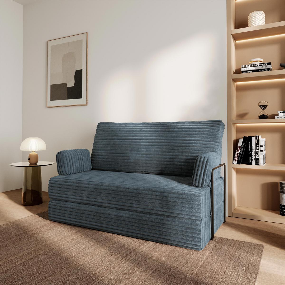 BETTSOFA LADIA aus Schaumstoff Kordstoff Grau Schlaffunktion - Blaugrau, Textil (140/86/60cm) - MASSENO