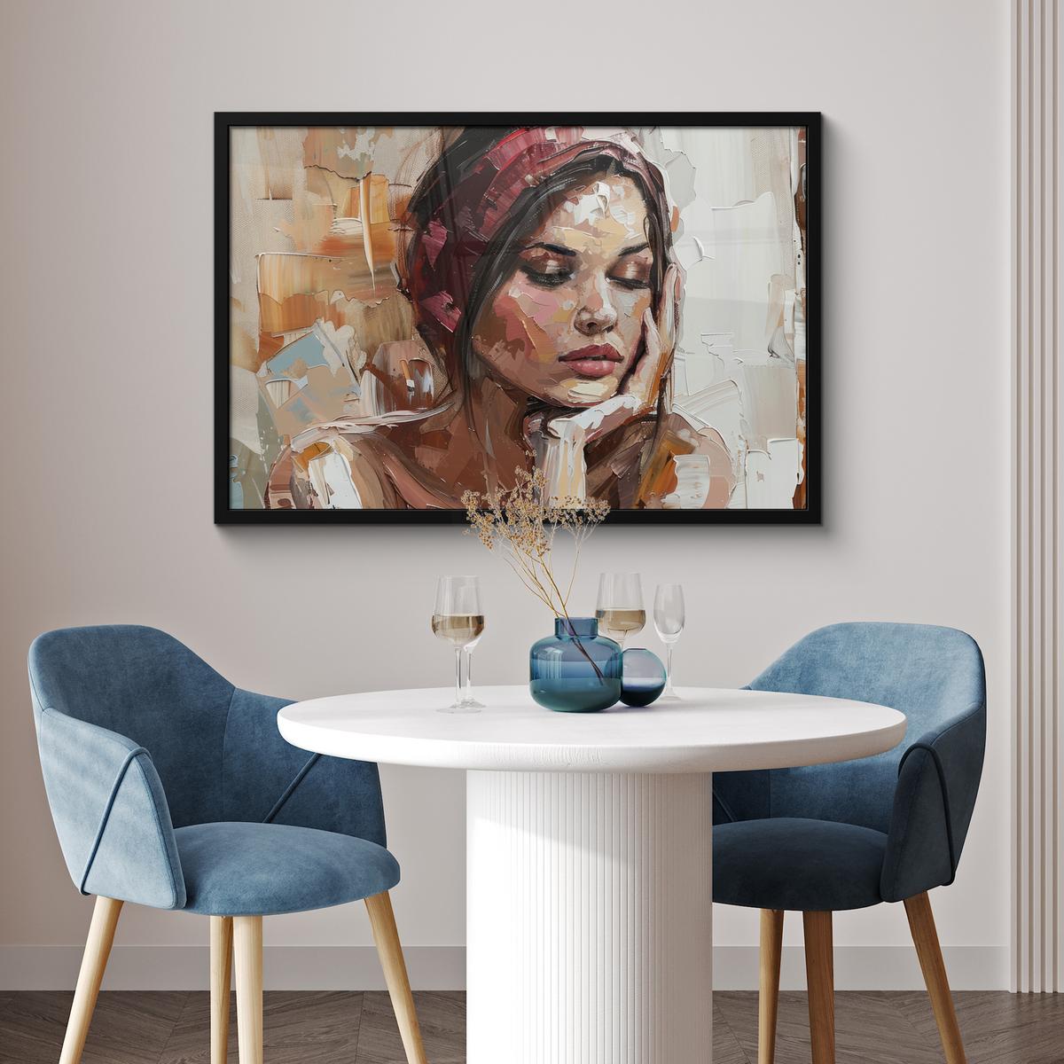 POSTER MIT RAHMENGERAHMTES BILD Frau - Lackierung - Porträt - Modern 90x60 cm - Altrosa, Papier (90/60cm) - MuchoWow