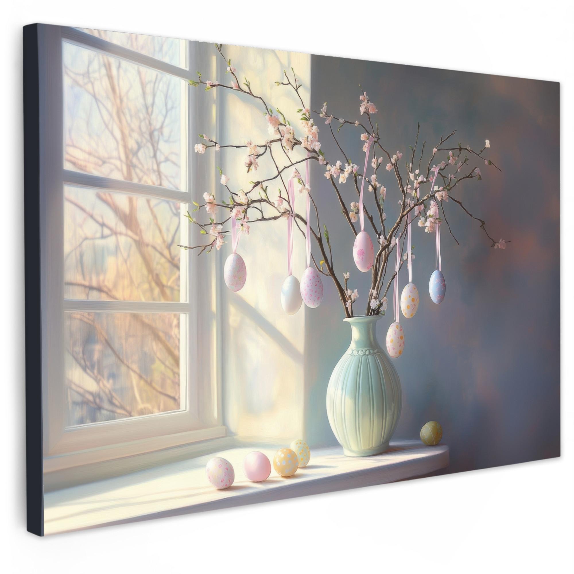 LEINWANDBILD Stillleben - Vase - Osterzweig Groß 140x90 cm - Hellblau, Textil (140/90cm) - MuchoWow