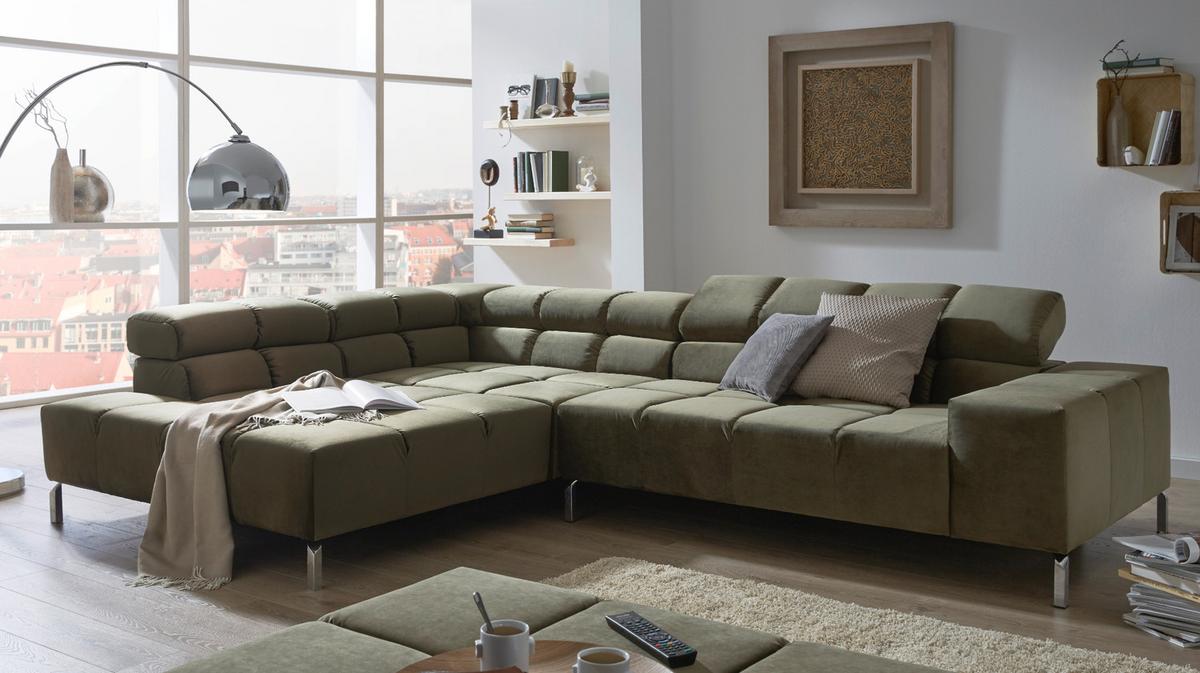 ECKSOFA MIT MOTORISCHEM SITZVORZUG NELSON Dunkelgrün Velvet Relaxfunktion - Dunkelgrün/Silberfarben, Textil (321/216cm) - KAWOLA