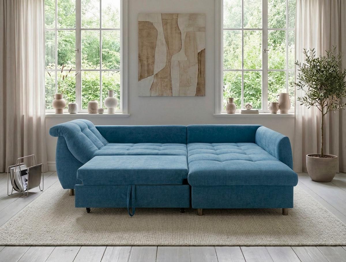 ECKSOFA mit Schlaffunktion, Bettkasten, Wellenunterfederung, Ottomane rechts B250/T190/H84 cm, Liegefl. 179x190 cm, Mikrofaser Blau / 17101 - Blau/Chromfarben, Textil/Metall (250/190cm) - luma-home