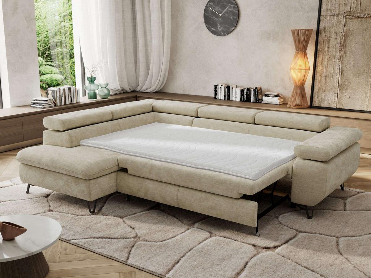 ECKSOFA PABLO L Beige Schenille glatt - Links Seite mit T25 Topper - Beige/Schwarz, Textil/Metall (208/273cm) - MKS