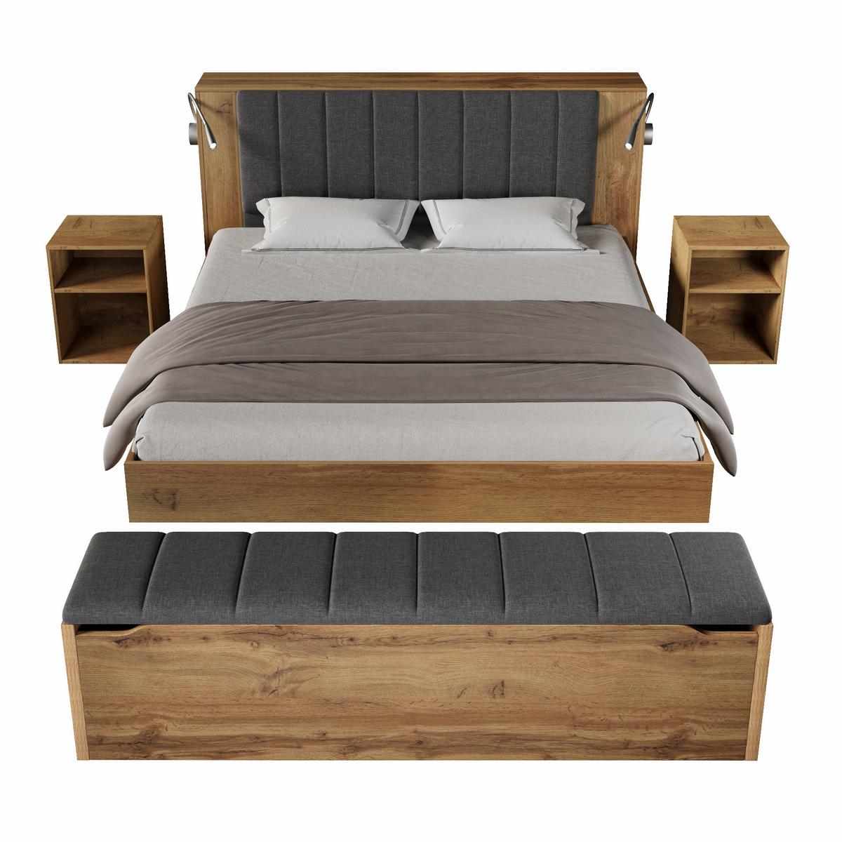 POLSTERBETT eiche-optik & leinen 160X200 mit nachttischen & bettbank - Eichefarben, Holz (160/200cm) - Urban Meuble
