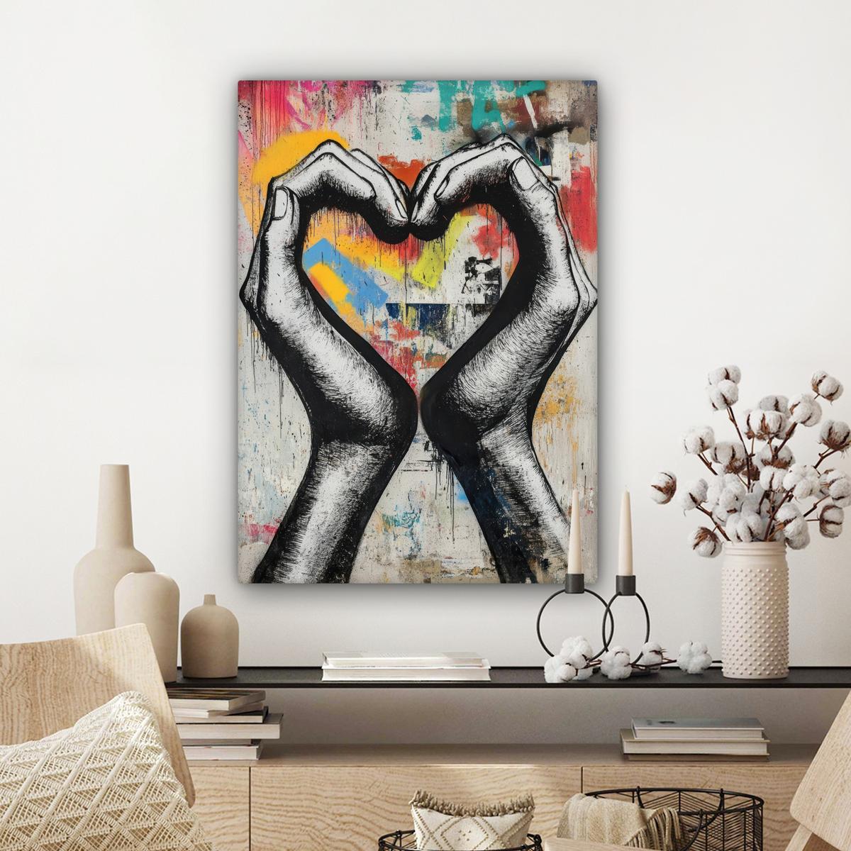 LEINWANDBILD Hände - Herz - Straßenkunst - Graffiti Wandbild Wohnzimmer 60x80 cm - Multicolor, Textil (60/80cm) - MuchoWow