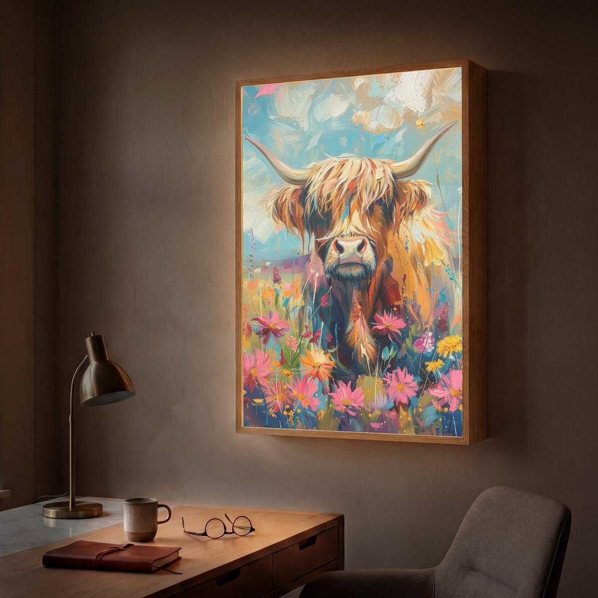 WANDLEUCHTE MIT AKKU Schottische Hochländer - Natur - Farbenfroh - Blumen 70x100 cm - Multicolor, Holzwerkstoff (70/100/8cm) - OnlyWow