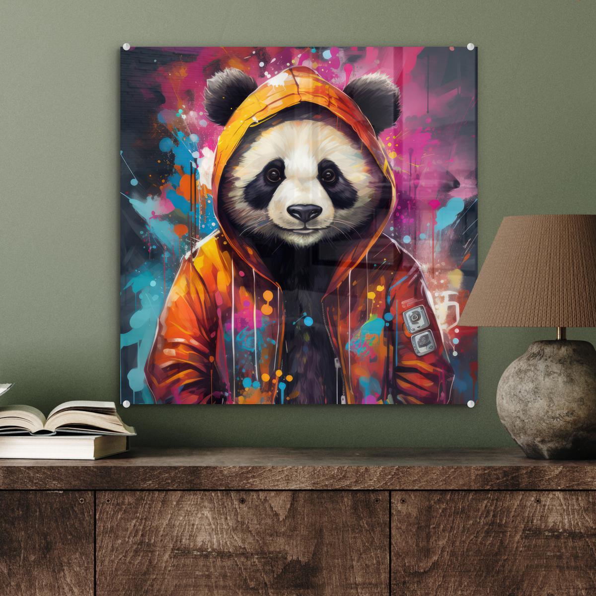 ACRYLGLASBILD Panda - Jacke - Graffiti - Orange 50x50 cm - Orange, Glas (50/50cm) - MuchoWow