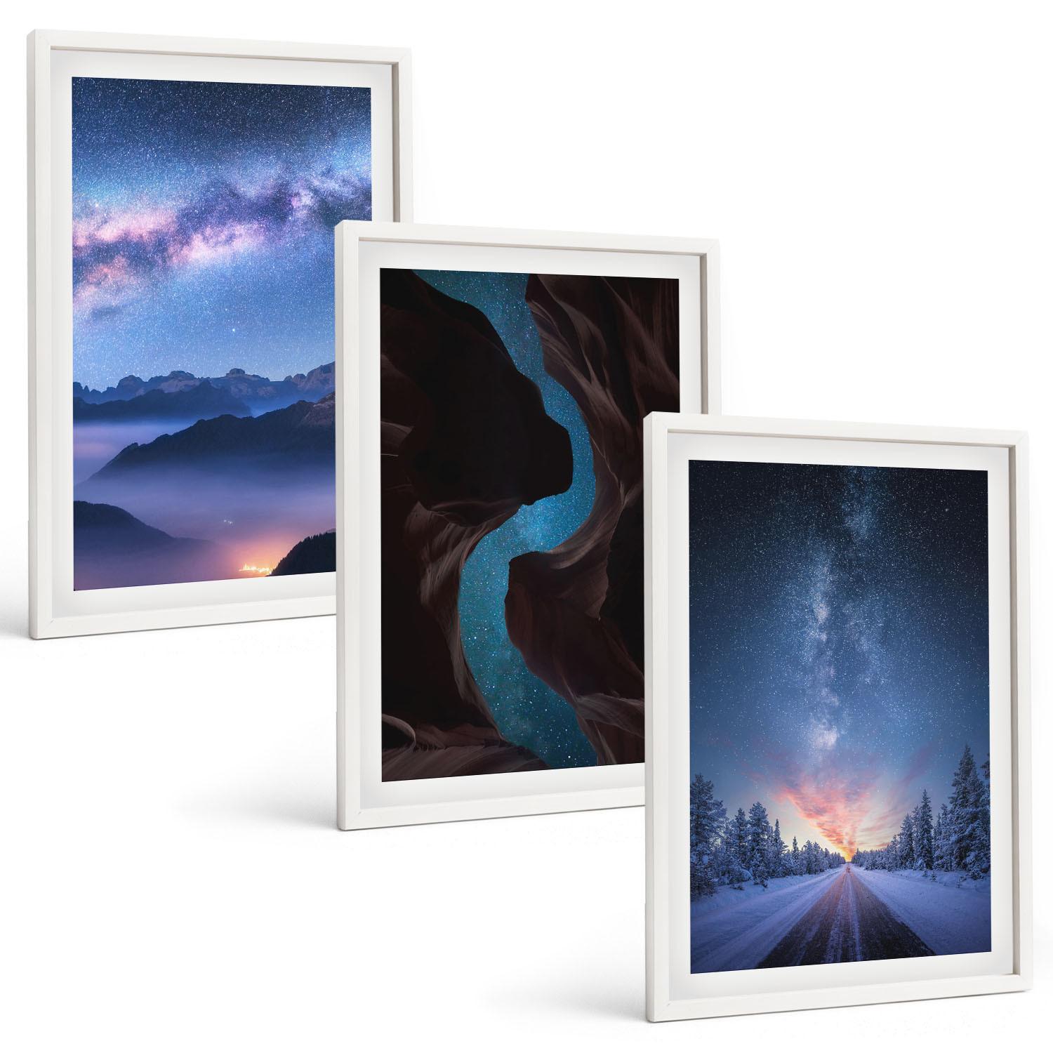 BILDER SET 3er Set - 40x60 cm Weißer Rahmen - Nachthimmel, Berge, Winterlandschaft - Weiß, Kunststoff (40/60cm) - TULUP